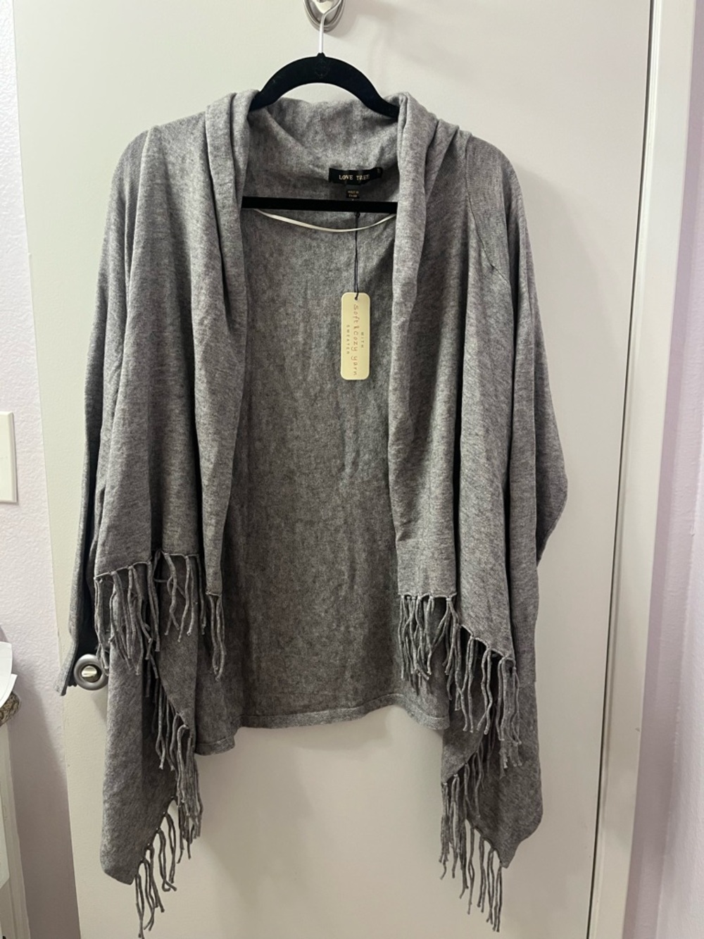 Love Tree Heather Gray Fringe Open Front Wrap NWT M/PTP 24-35/L 29-40